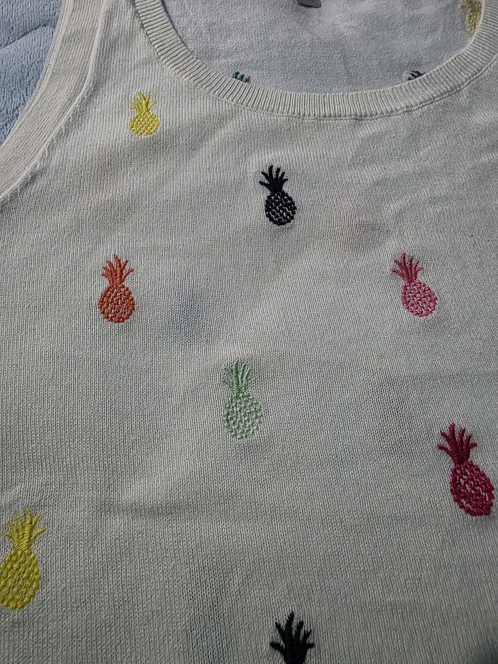 LOFT White Knit Tank with Colorful Pineapple Embroidery